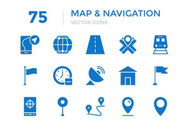75个地图和导航矢量图标 75 Maps and Navigation Vect
