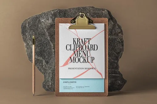 牛皮纸剪贴板上的典雅餐厅psd菜单样机 Kraft Clipboard Psd Menu Mockup
