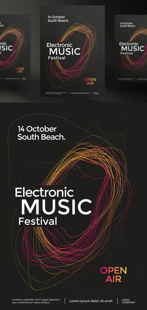 电子音乐电影节海报与抽象渐变线条矢量模板设计