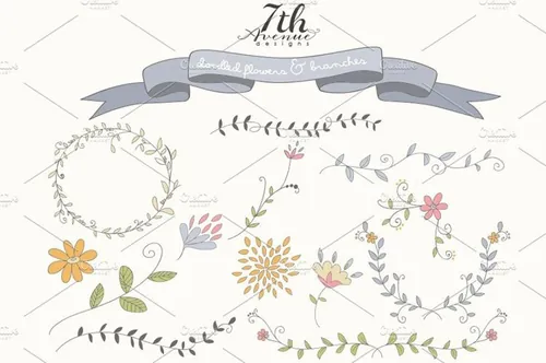手绘花卉涂鸦设计素材Doodled Flowers and Branches