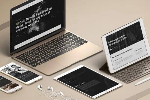一组黄金psd等距设备和UI元素样机 UI Gold Psd Apple Devices Pack