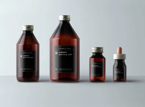 四个琥珀色的化妆品和药品包装瓶样机 Amber Bottles Cosmetic Packaging