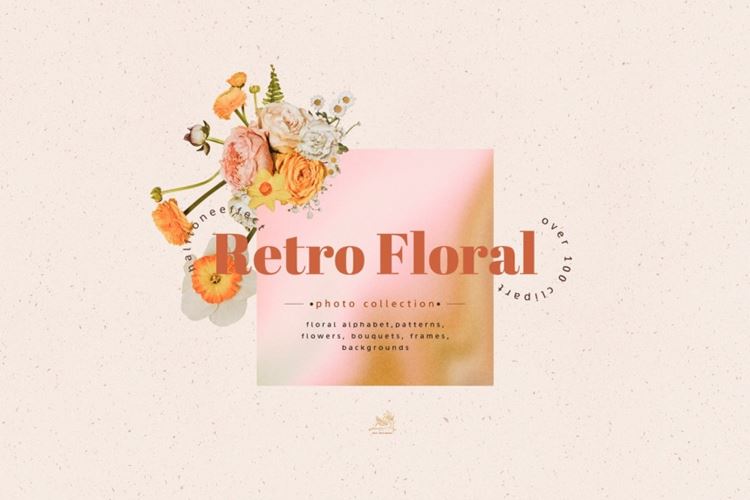 复古丝网印刷半色调婚礼花卉热带树叶花环水彩剪贴画合集包 Ha