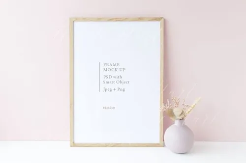 春季花卉系列30×40相框粉色背景样机模板  Spring Wooden frame mockup - 30x40