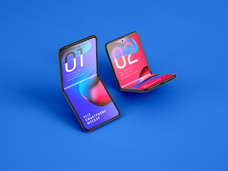 三星可折叠屏智能手机APP UI提案样机模板素材 Galaxy Z Flip Mockup Folding Phone
