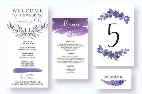 神话手绘水彩紫色羽毛婚礼设计套件 Mythical-Feathers-Wedding-Suite