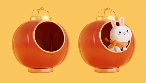 2023年农历新年玉兔迎新春传统东方中国风玉兔灯笼装饰元素E