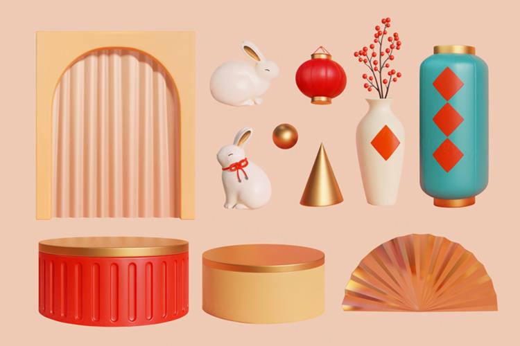 2023年农历新年玉兔迎新春传统东方中国风装饰元素EPS矢量