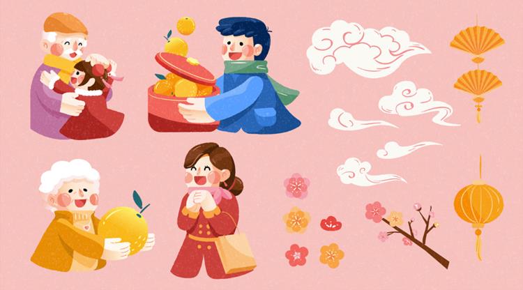 2023年农历新年玉兔迎新春传统东方中国风装饰元素EPS矢量