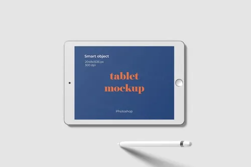 平板电脑俯视图样机模板 Horizontal tablet mockup top angle view