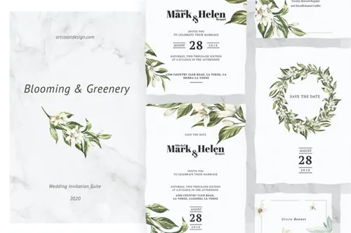 优雅的水彩手绘春天花卉邀请函请柬设计模板 Blooming  Greenery Invitation