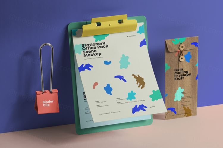 漂浮的Office Psd文具套装样机 Office Psd Stationery Set Mockup 2