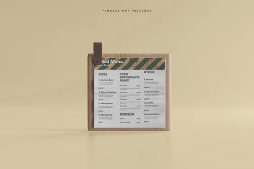 木板上的食物菜单咖啡店餐厅品牌设计贴图展示样机模板 Square food menu mockup