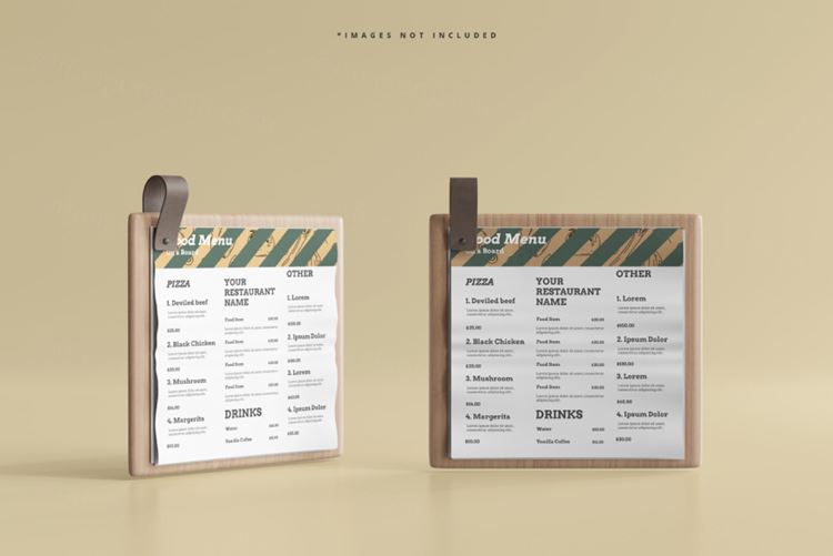 木板上的食物菜单咖啡店餐厅品牌设计贴图展示样机模板 Square food menu mockup