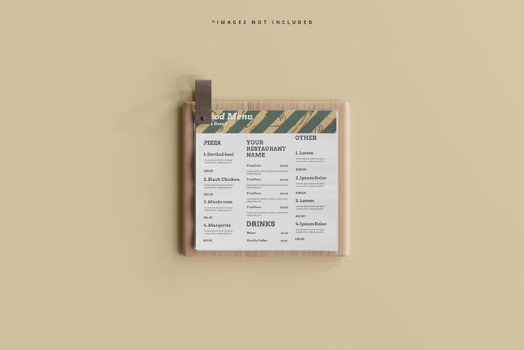 木板上的食物菜单咖啡店餐厅品牌设计贴图展示样机模板 Squa
