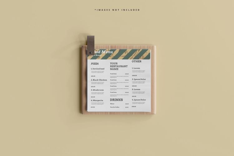 木板上的食物菜单咖啡店餐厅品牌设计贴图展示样机模板 Square food menu mockup