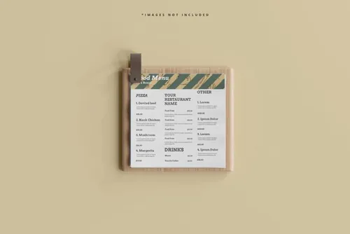 木板上的食物菜单咖啡店餐厅品牌设计贴图展示样机模板 Square food menu mockup