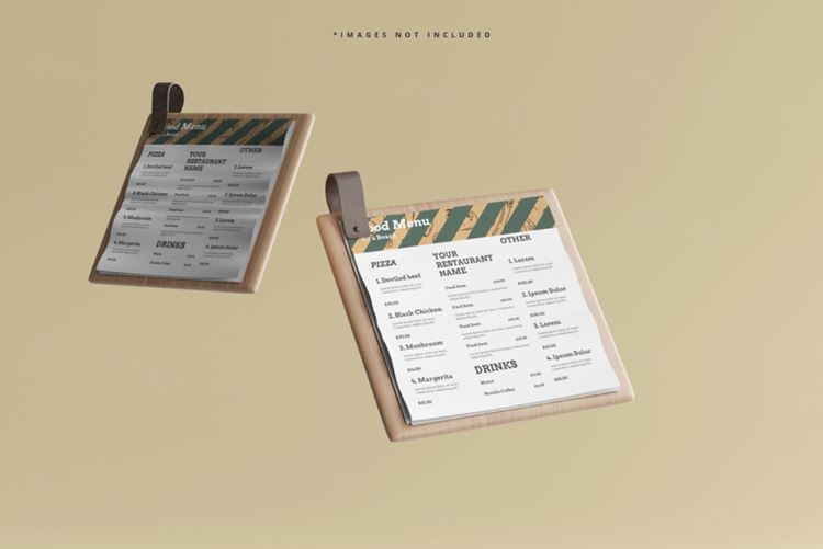 木板上的食物菜单咖啡店餐厅品牌设计贴图展示样机模板 Square food menu mockup