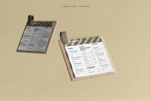 木板上的食物菜单咖啡店餐厅品牌设计贴图展示样机模板 Square food menu mockup
