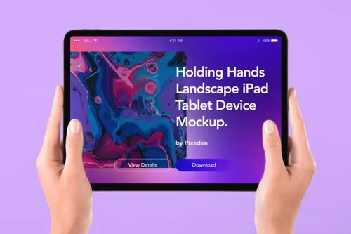 手持平板电脑网页UI设计界面贴图样机模板 Hand Holding Tablet iPad Psd Mockup