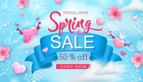 春季樱花蓝色天空花卉图案粉色心形丝带横幅促销矢量海报素材