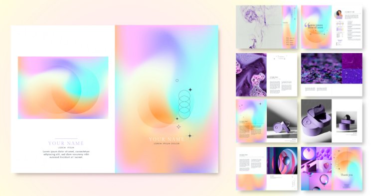 梦幻潮流渐变色画册简历模板矢量设计模板素材 Gradient colored portfolio template