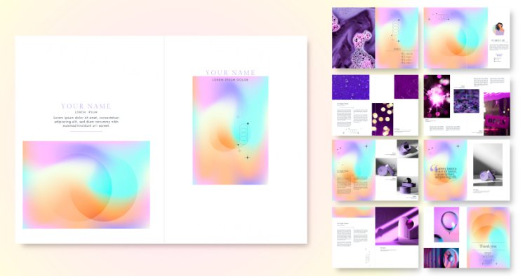 梦幻潮流渐变色画册简历模板矢量设计模板素材 Gradient colored portfolio template