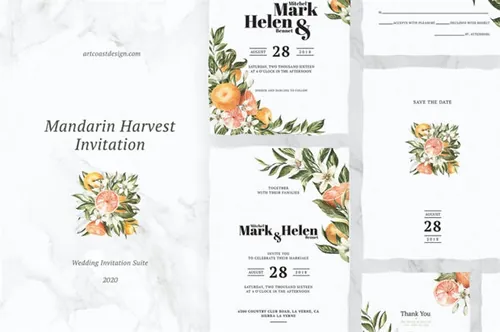 优雅的手绘水彩柑橘柠檬树枝婚礼请柬邀请函设计模板 Mandarin Harvest Invitation