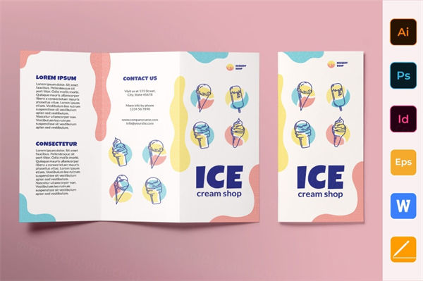 雪糕店三折页传单设计模板 Ice Cream Shop Brochure