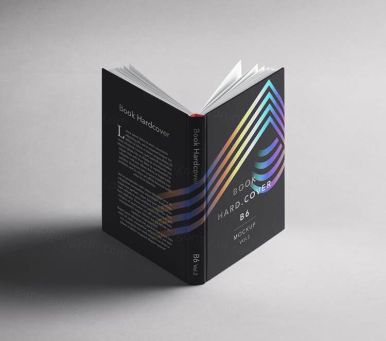 透视正面和背面打开视图的精装psd书样机模板 Psd Book Hardcover B6 Vol2