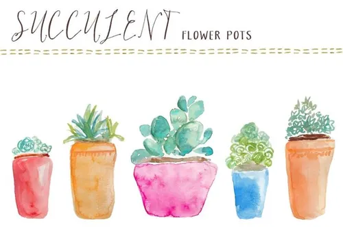 手绘水彩多肉植物盆栽设计素材Watercolor Succulents Flower Pots