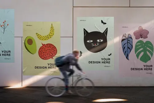 户外墙体宣传印刷广告贴图展示样机PSD模板 Wall Pos