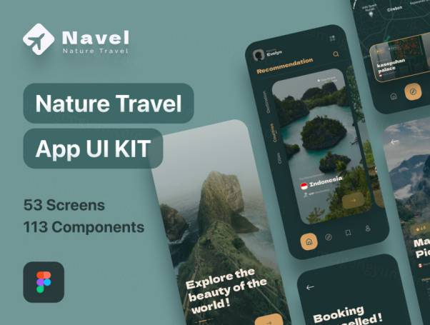 深色模式高级绿旅游分享社区APP界面UI素材 Navel - Natu