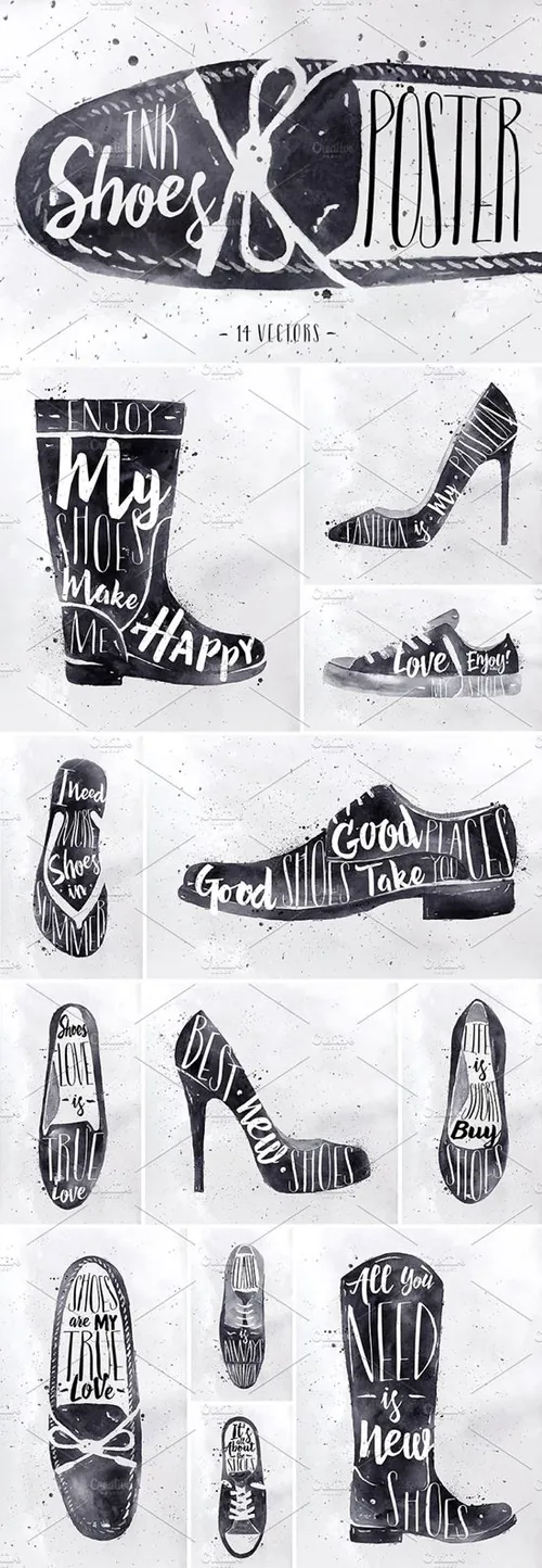 创意水彩鞋子装饰素材 Ink-Shoes-Poster