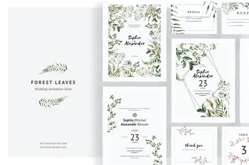 手绘水彩森林花园主题婚礼请柬邀请函设计模板 Forest Leaves Wedding Invitations