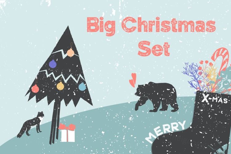 手绘圣诞节明信片剪贴画鹿刺猬狐狸企鹅动物圣诞元素 Big C