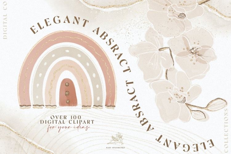 水彩粉色兰花牡丹花金边抽象形状花束金色线条剪贴画合辑 Ele