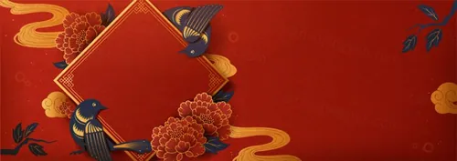 剪纸风农历年传统空白春联与燕子红色背景中国风元素新年传统横幅矢量背景素材