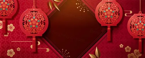 农历新年剪纸艺术祥云和灯笼装饰红色背景中国风元素新年传统横幅矢量背景素材