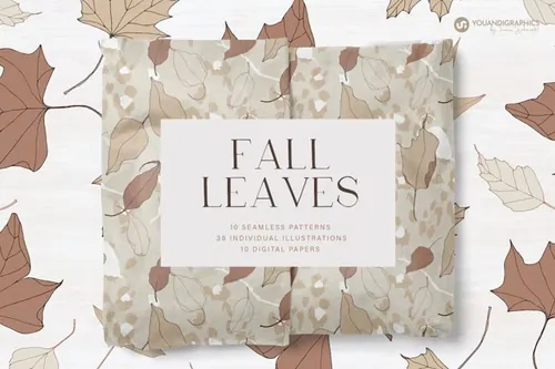 优雅的手绘秋季落叶矢量无缝拼接图案合辑 Fall Leave