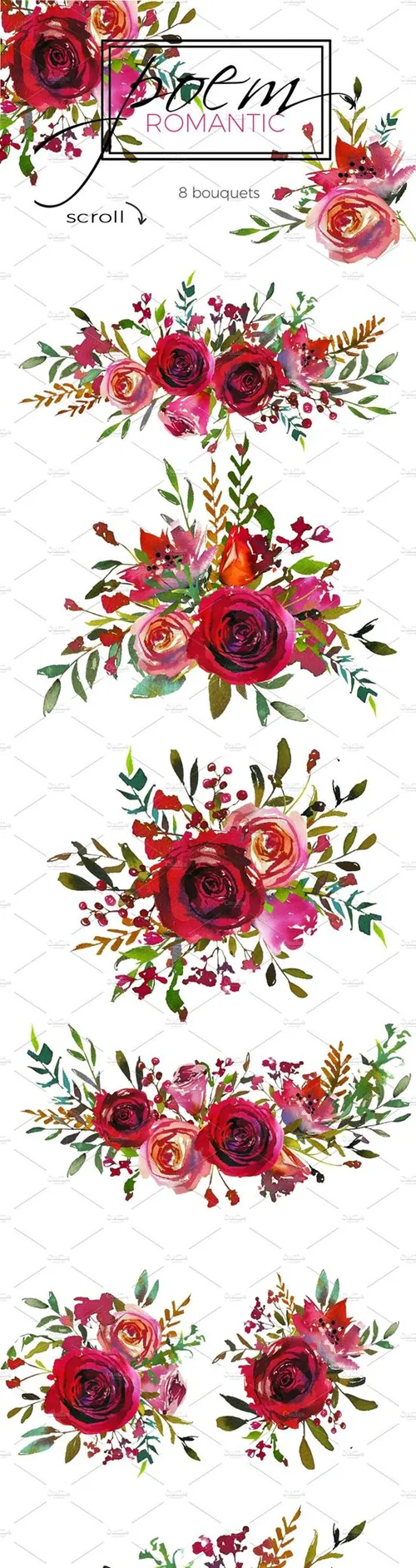 红色品红色水彩花卉插画素材 Red-Magenta-Wate