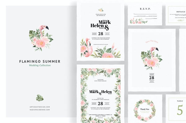 水彩手绘热带火烈鸟龟背竹婚礼邀请函设计模板 Flamingo Summer Wedding Invitations