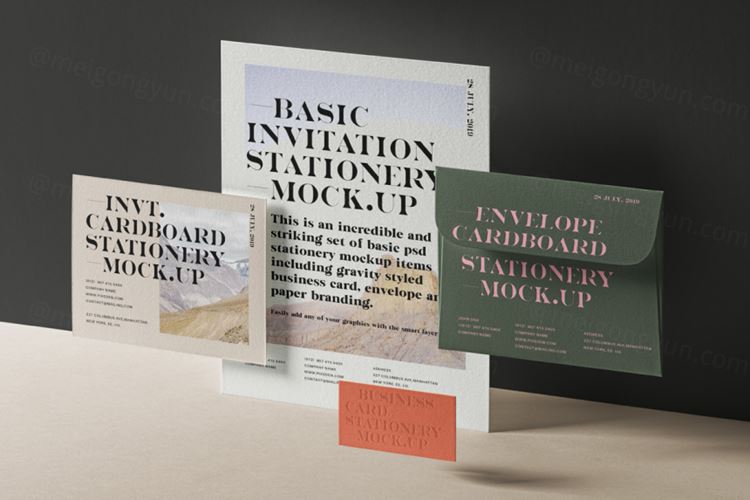 一套基本的邀请函和卡片文具样机 Psd Basic Invitation Stationery Mockup