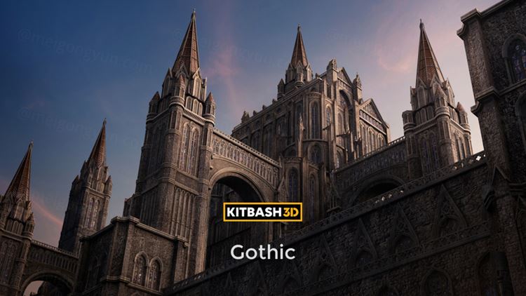 复古哥特式城堡教堂史诗级游戏电影建筑3D模型素材 Kitba