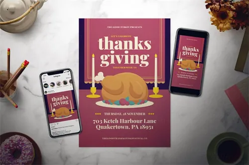 感恩节主题传单设计模板素材套装 Thanksgiving Day Flyer
