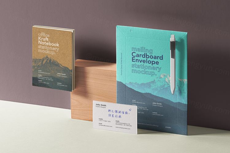 一套带有纸板信封和其他文具模型样机 Basic Mailing Stationery Mockup 3