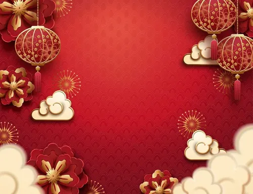 农历新年剪纸艺术祥云和灯笼装饰红色背景中国风元素新年传统横幅矢量背景素材