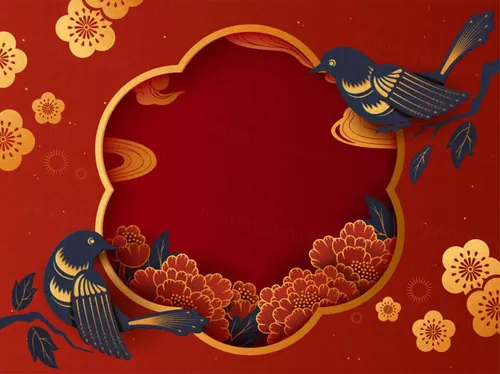 剪纸风农历年传统空白春联与燕子红色背景中国风元素新年传统横幅矢量背景素材