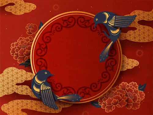 剪纸风农历年传统空白春联与燕子红色背景中国风元素新年传统横幅矢量背景素材