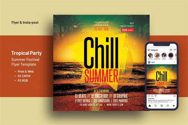 热带沙滩音乐节活动海报传单设计模板v13 Tropical Party Summer